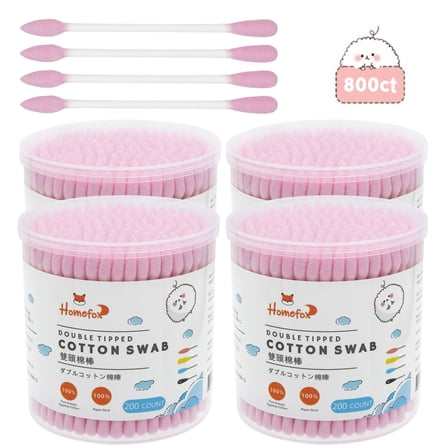 HOMEFOX 800 Count Pink Cotton Swabs with Precision Pointed Tips, Pure Organic Cruelty-Free