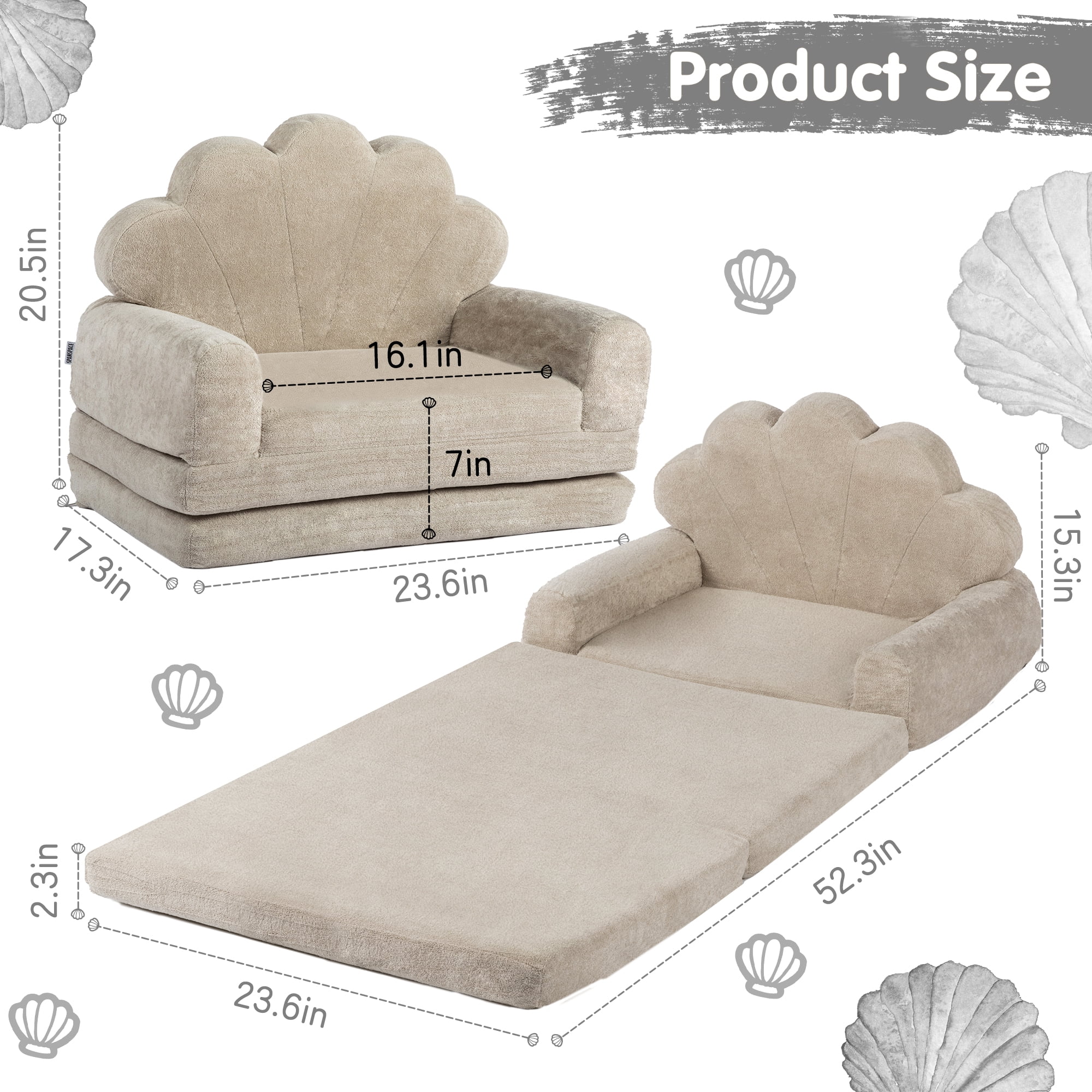 spanspace Toddler Couch, 2-in-1 Soft Sherpa Toddler Couch Fold Out, Toddler Chair Comfy, Convertible Sofa to Lounger with Cute Shell Designs, Grey
