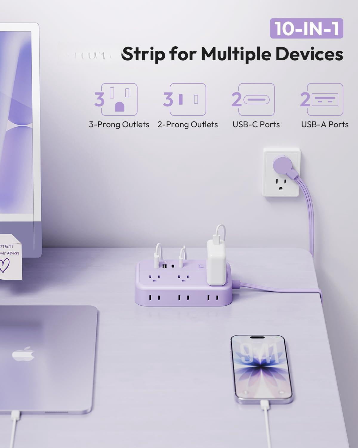 Purple Extension Cord Surge Protector Power Strip With 6 Outlets 4 Usb Ports(20w)  Flat Multiple 5 Ft Plug Outlet Extender For Indoor Office