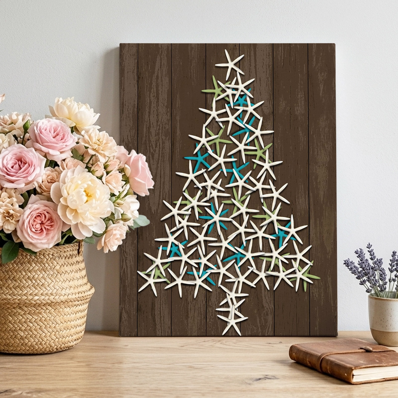 Canvas Wall Art Christmas Coastal Framed Canvas Prints for Bedroom Living Room Winter Xmas Pine Trees Starfish Wood Gallery Wrapped Wall Decor for Home Office Gifts 12 x18 Ship Next Day