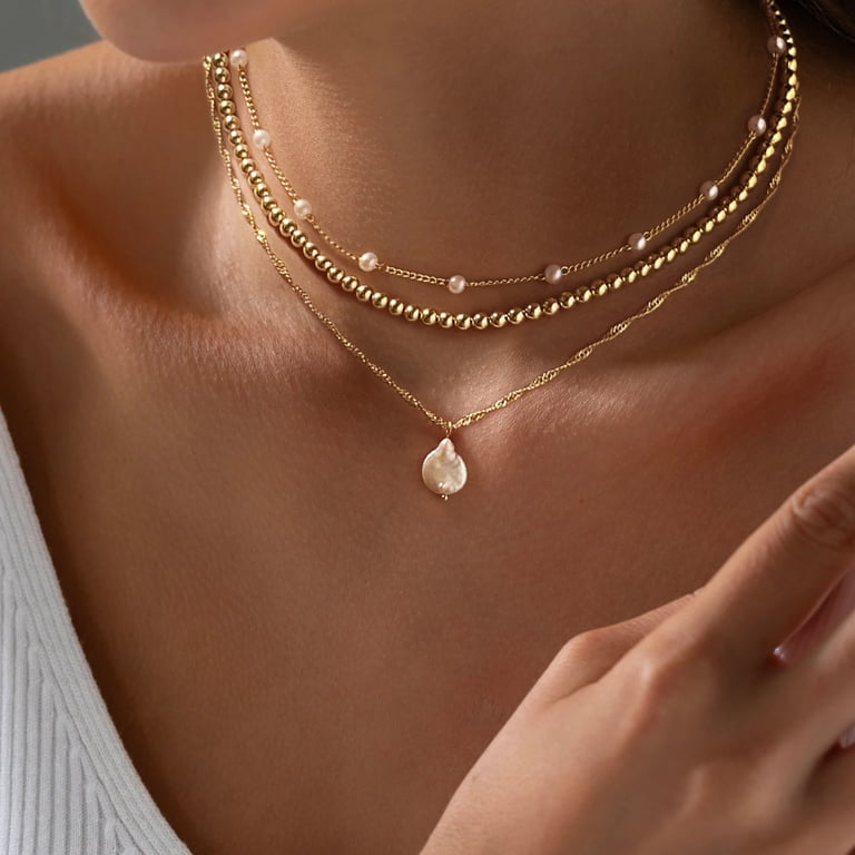 Women's Triple Layer Pearl Necklace Set - 18K Gold Plated Stainless Steel Adjustable Tarnish-Resistant