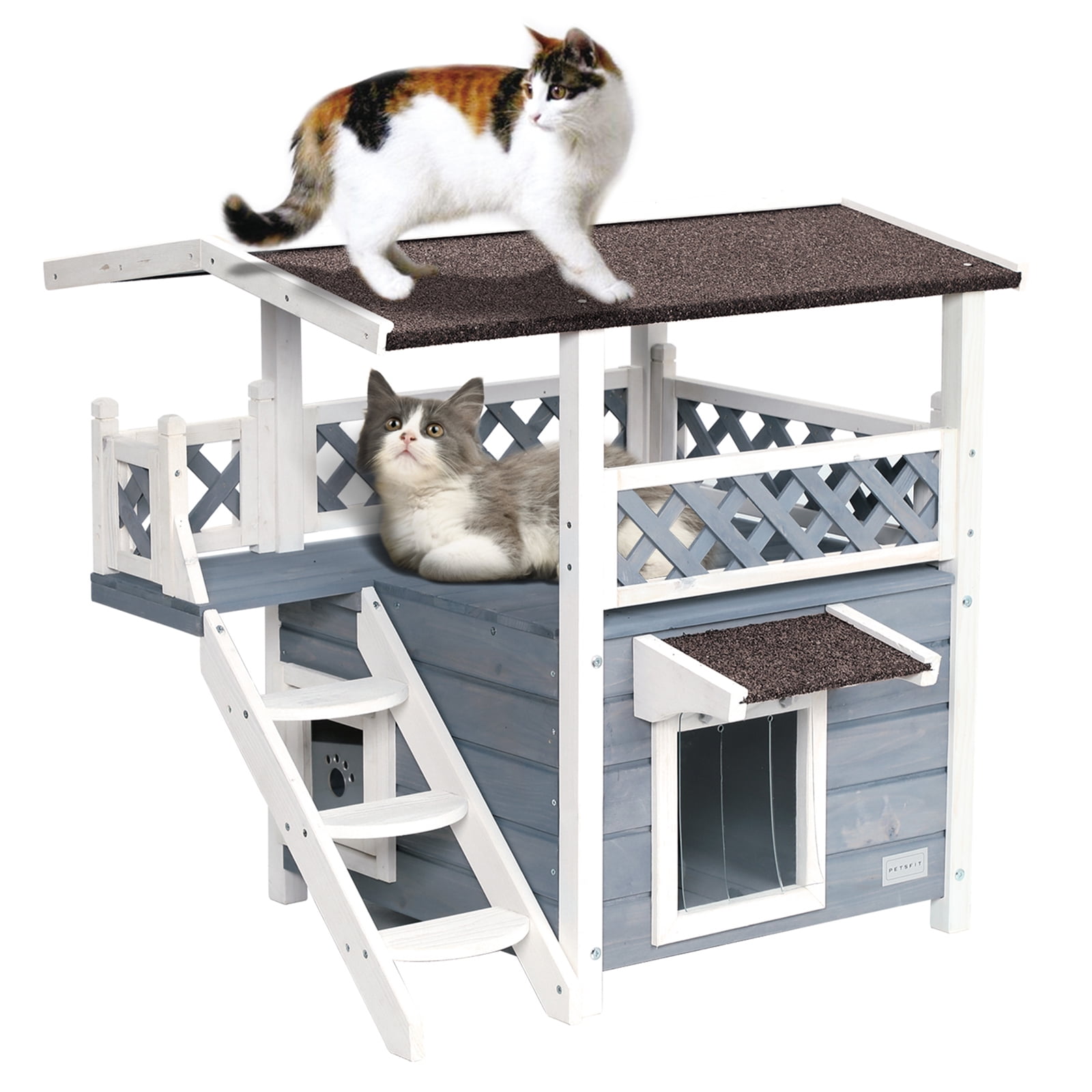 Cat House for Outdoor Cats Weatherproof with Escape Door, 2 Story Cat