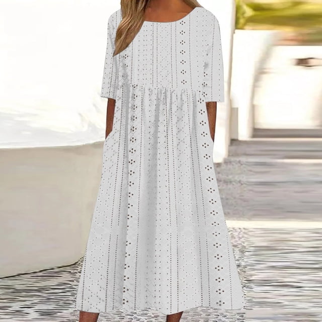 mtvxesu Robes Maxi pour Femmes, Robe Mi-Mollet à Oeillets à Manches Courtes Décontractée Unie à Col Rond pour le Printemps et l'Été pour Femmes, Robes Décontractées