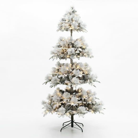 LuxenHome 7.5Ft Pre-Lit Flocked Slender Artificial Pine Christmas Tree