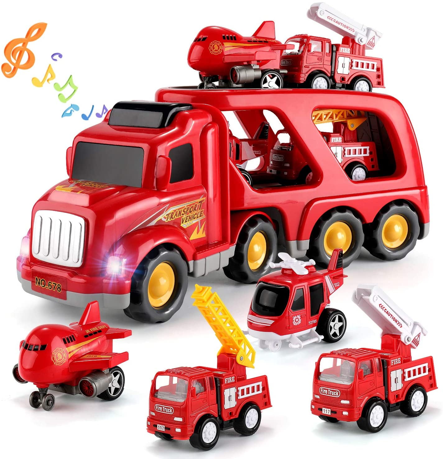 HINZER Fire Carrier Truck Transport Car Play Vehicles Toys for 3 Year Old Boys and Girls 5 in 1 Friction Power Push and Go Play Vehicles 