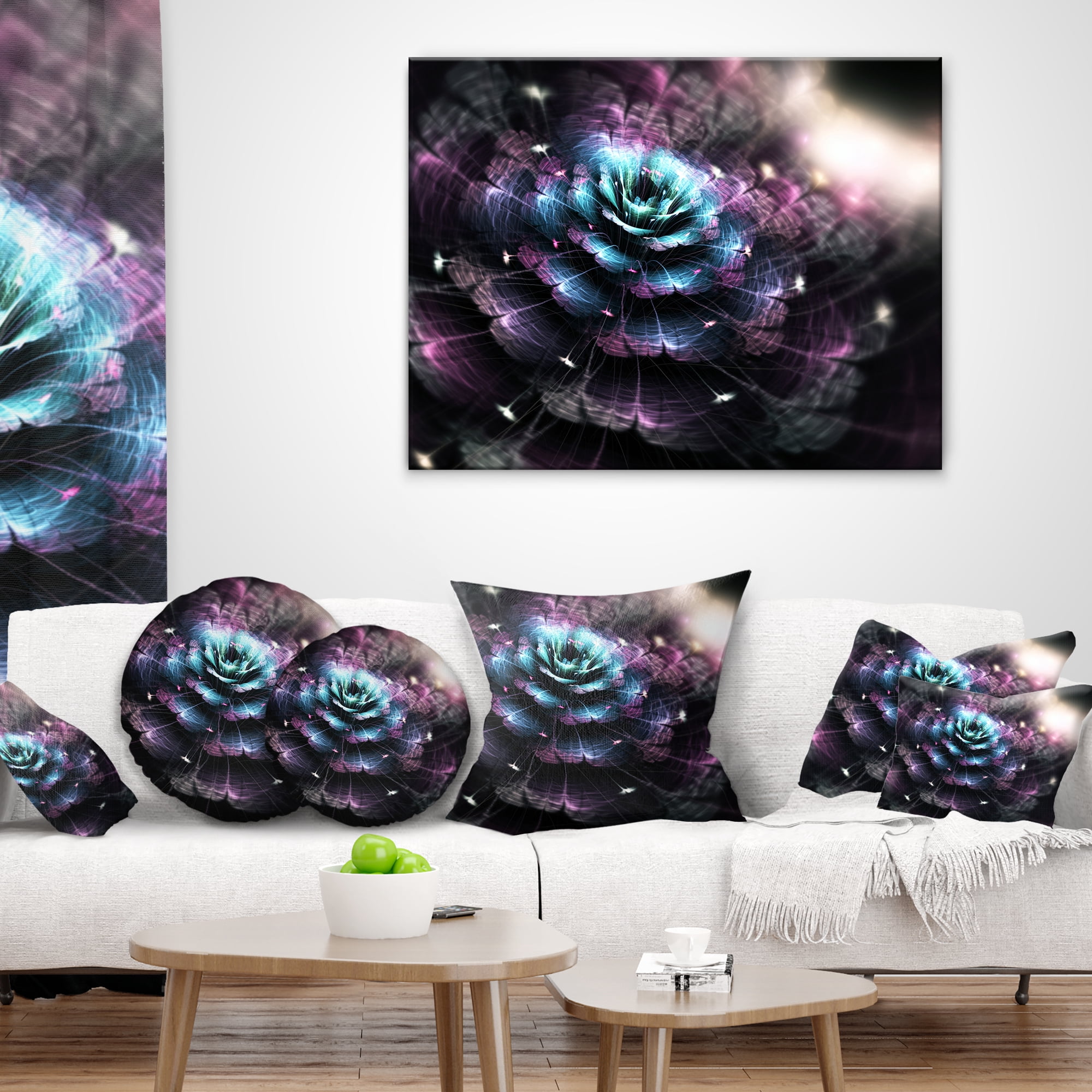 Designart Green Fractal Flower in Dark - Floral Throw Pillow - 12x20