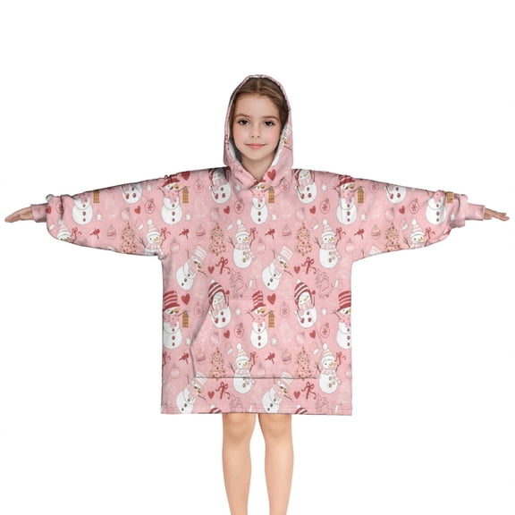 Pink Christmas Snowman Pattern Blanket Hoodies for Kids 6-13YR Oversize Wearable Blanket Hoodies for Boys Girls Teens