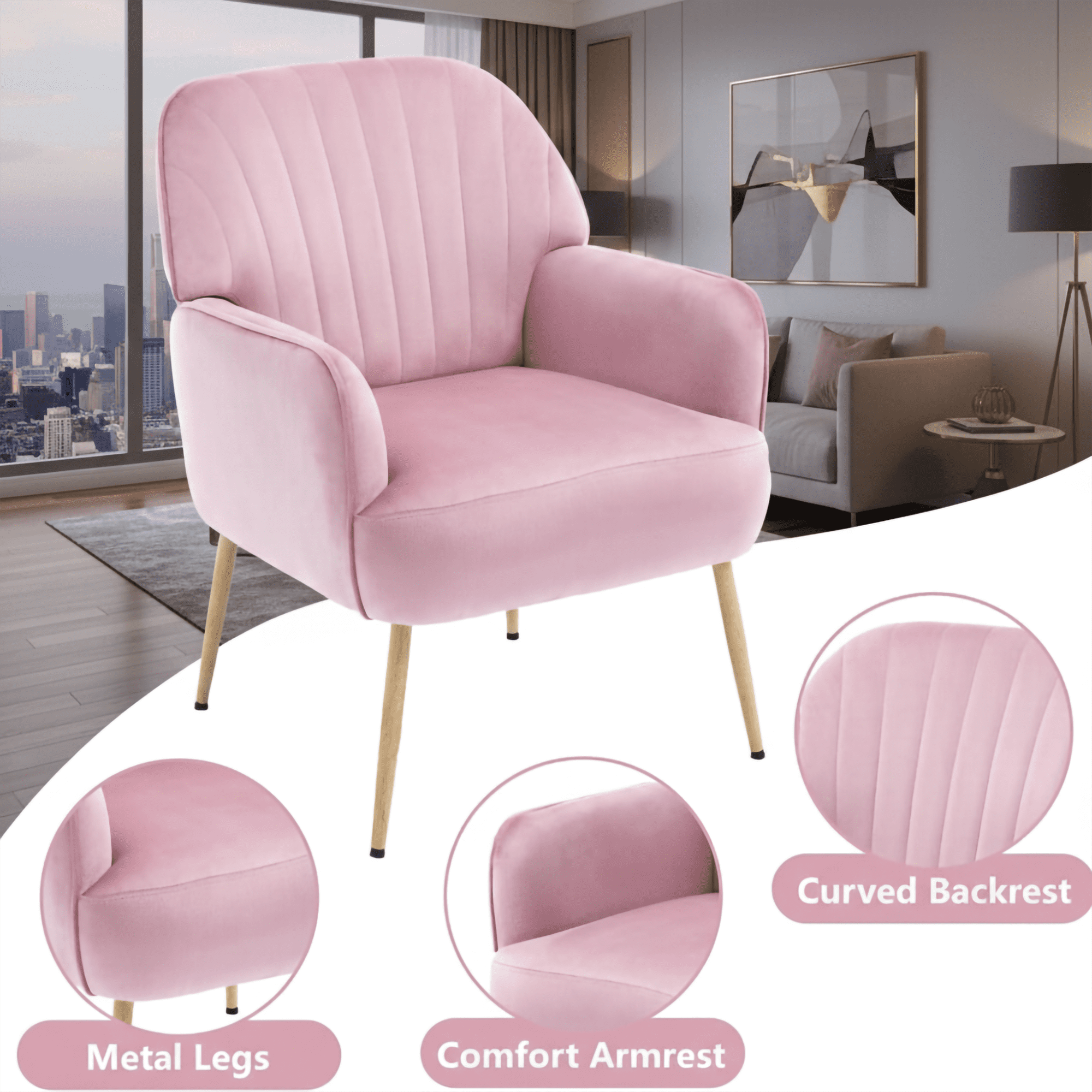 Modern Accent Chair with Velvet Fabric, Soft Ergonomic Upholstered Armchair Comfy Single Sofa Lounge Chair for Living Room, Apartment, Office,Pink