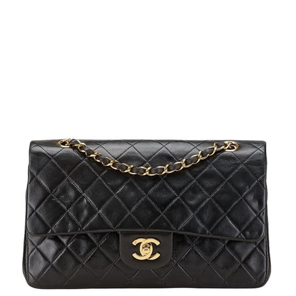 Pre-Owned CHANEL Coco Mark Matelasse 25 Double Flap Chain Shoulder Bag in Black Lambskin for...