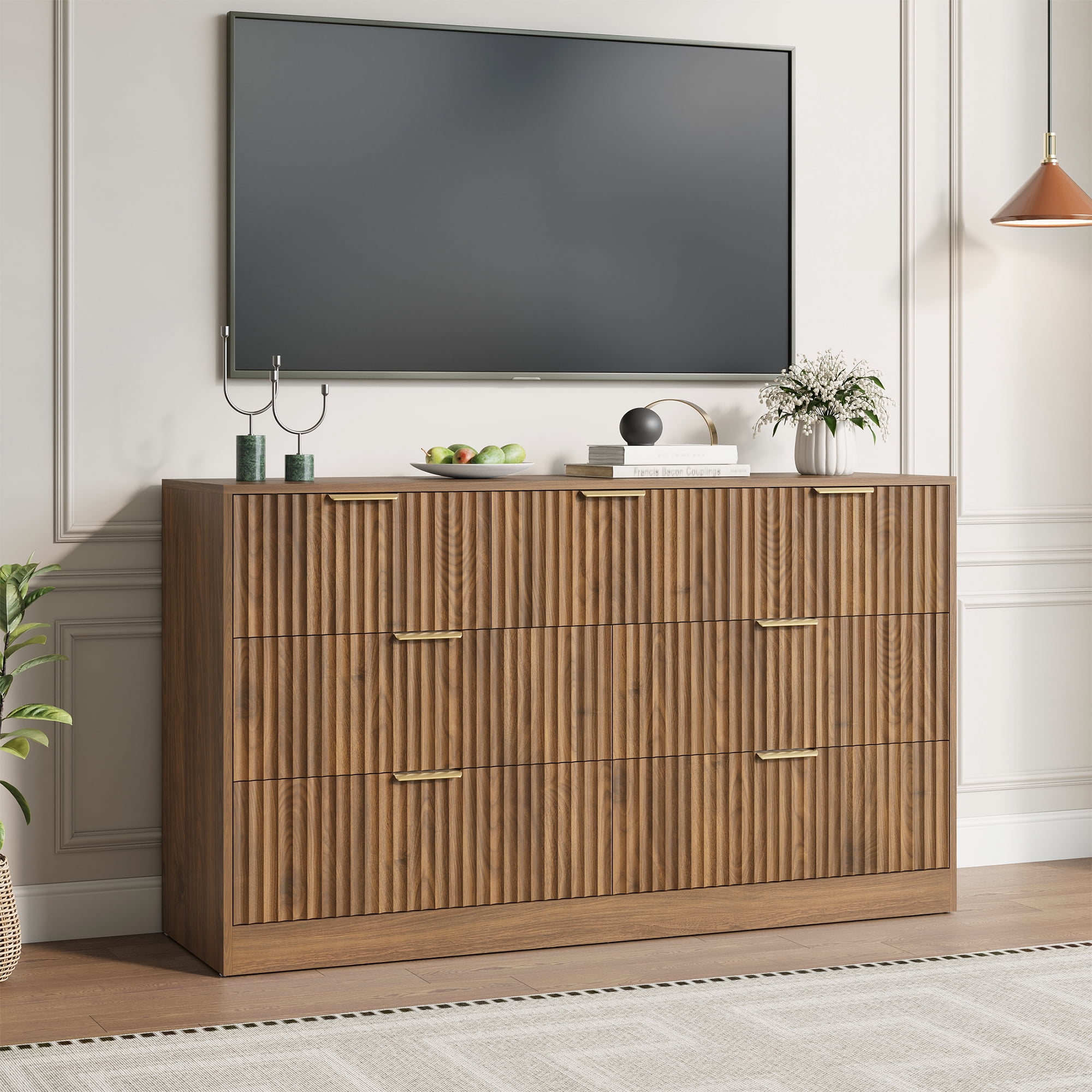 YouTrend 55.1"W Fluted Dressers for Bedroom with 7 Drawers,Modern Chest of Drawer TV Stand for Adults,Wood Clothes Storage for Living Room,Brown
