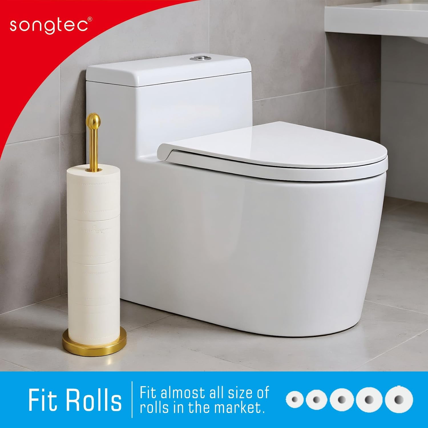Gold Toilet Paper Holder Stand with Reserve, Floor Standing Tisse Roll Holder for 4 Rolls, Compact Design Bathroom Toilet Paper Storage - Gold