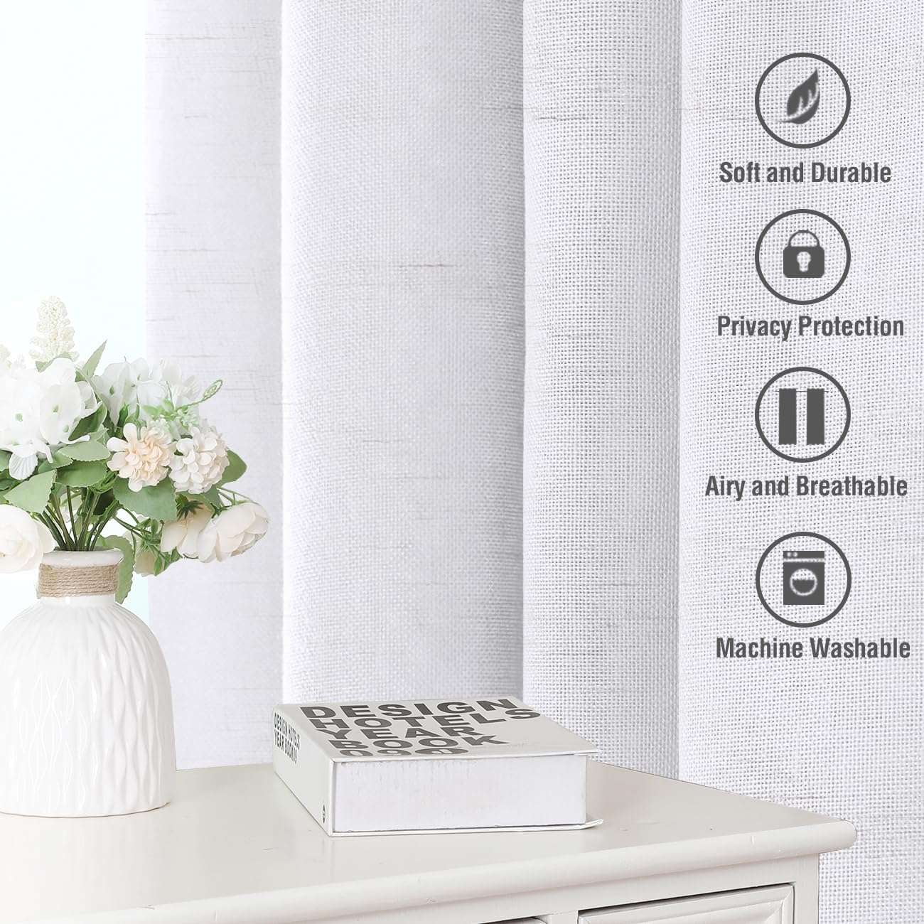 Turquoize Classic Natural Linen Light Filtering Semi Sheer Curtains Back Tab 2 Panels for Bedroom，52" x 72"，White
