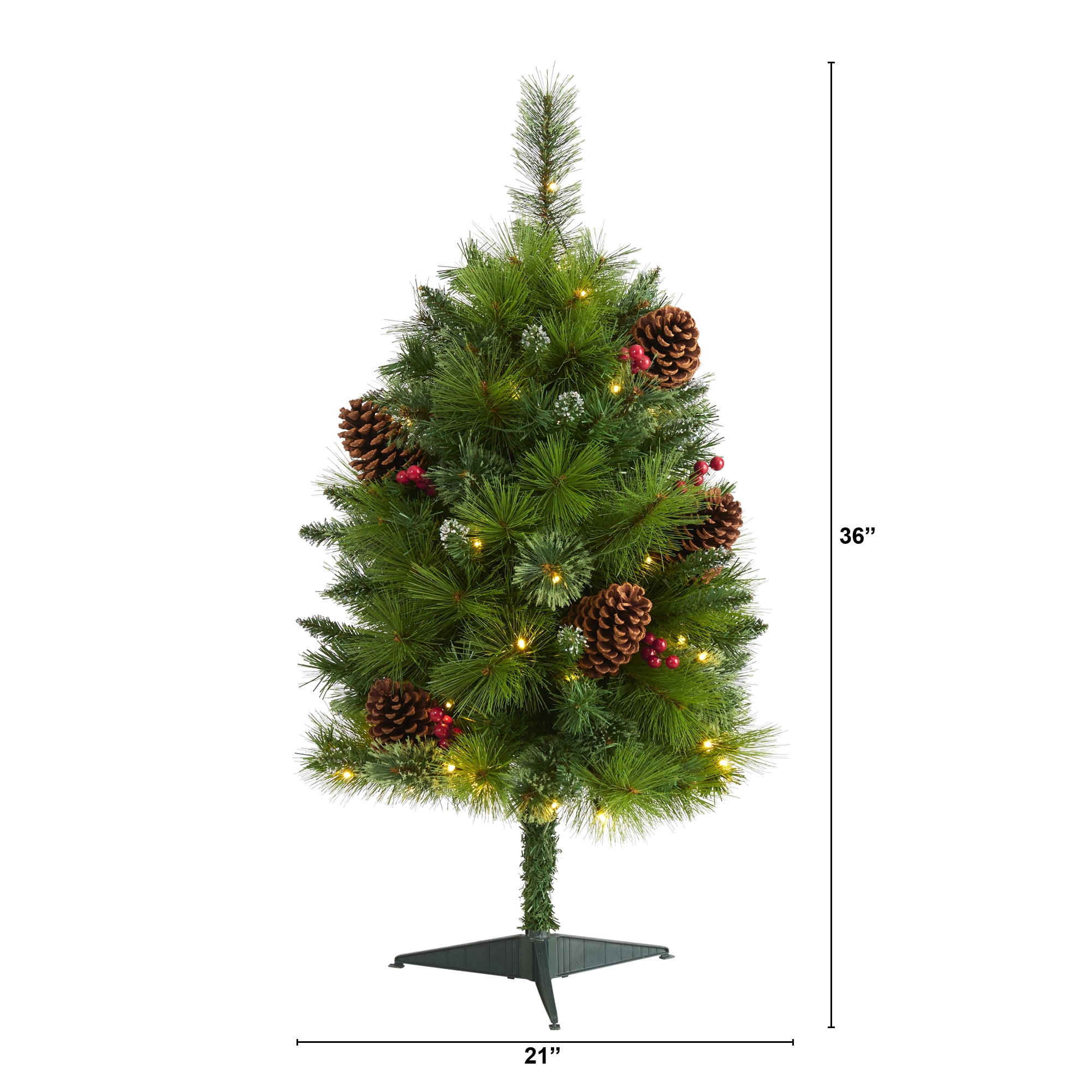 Nearly Natural 3' Green Pine Artificial Christmas Tree with Pinecones Berries Prelit 50 Clear LED Lights