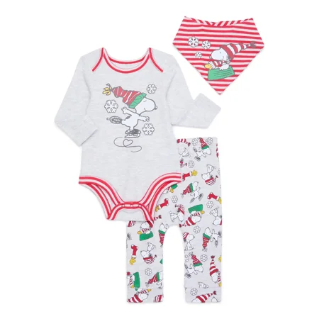 Character Infant Baby Holiday Take Me Home, Bib, Long-Sleeve Bodysuit, and Pants Outfit Set, 3-Piece Sizes Newborn-12 Months