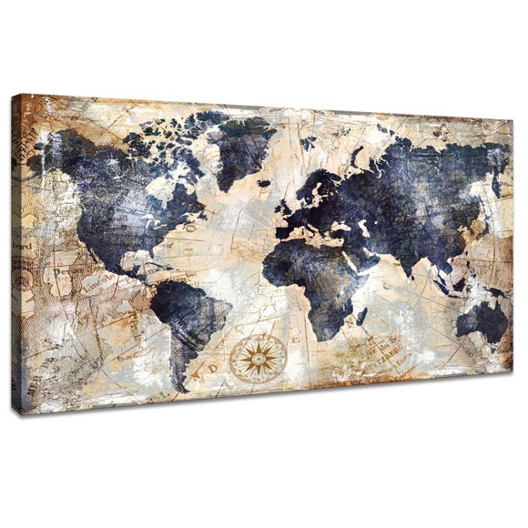 Art Mural sur Toile Carte du Monde Art Mural pour Déco de Bureau Oeuvre Imprimée Image Déco Intérieure de la Maison - Image de Carte pour Salon Bureau Chambre Déco Murale Toile Oeuvre 24x48 Pouces Prête à Accrocher