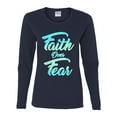 thumbnail image 2 of Wild Bobby, Faith Over Fear, Inspirational/Christian, Women Graphic Long Sleeve Tee, Navy, X-Large, 2 of 4