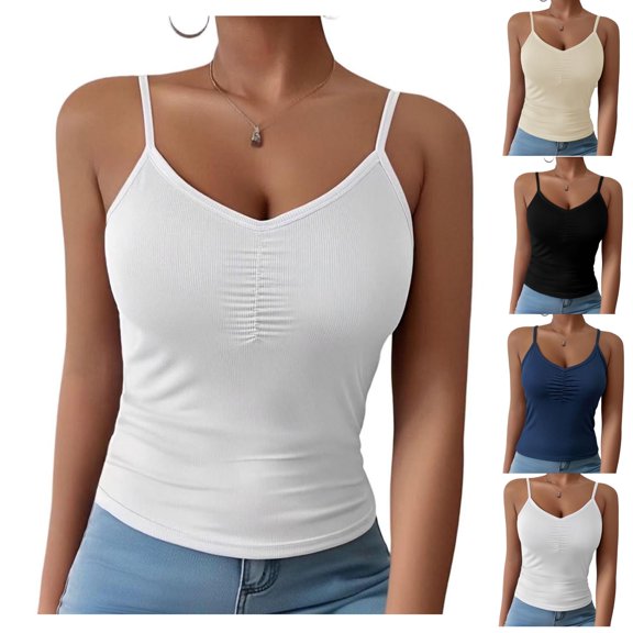 Bixock Women Built-in Bra Tank Tops Wirefree Solid Color V Neck Cami Top Sleeveless T Shirts Bras With Padded Cups Casual Daily Wear Bras