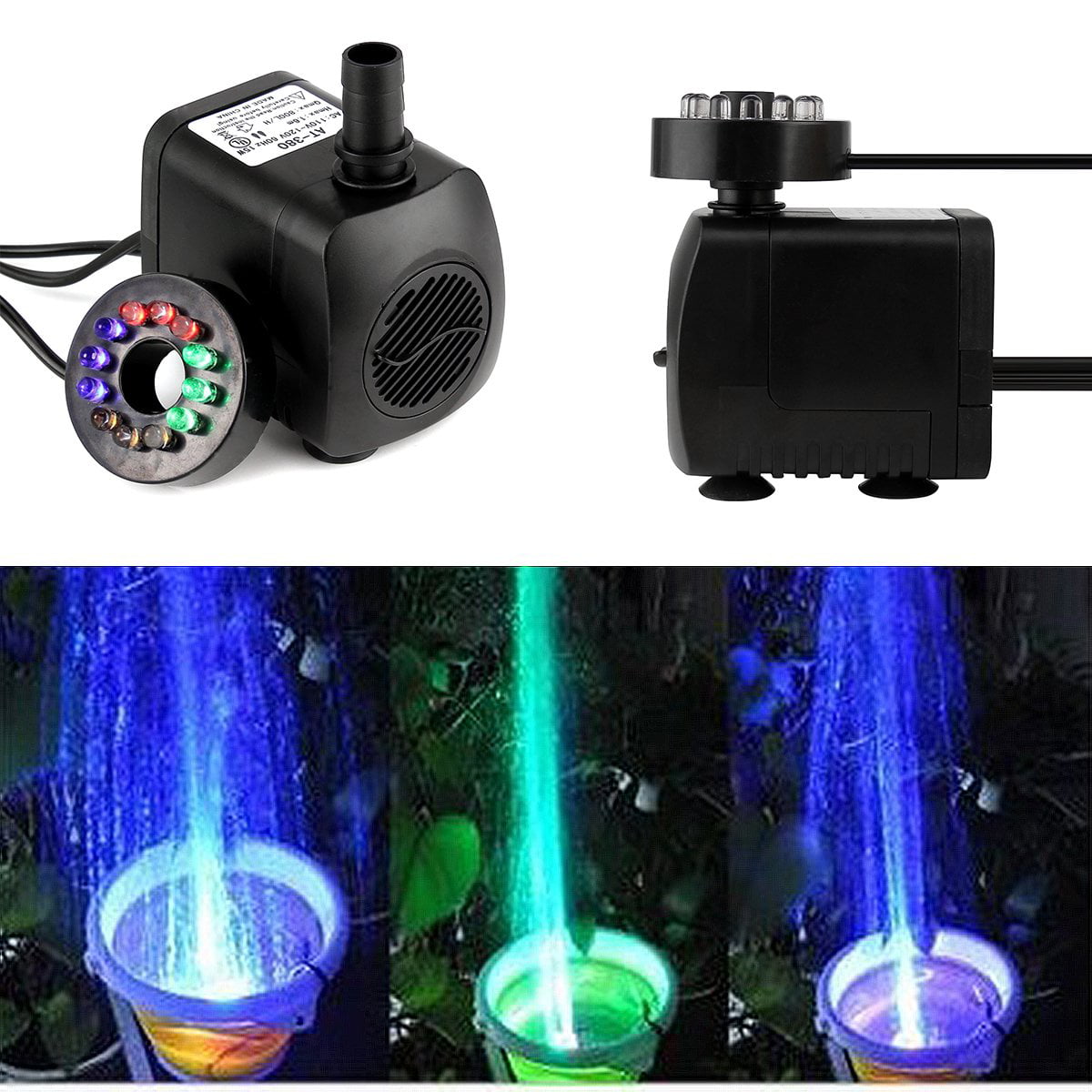 Fish pond Fountain Pump With Three Colors LED Lights 2000LPH Submersible Pump 