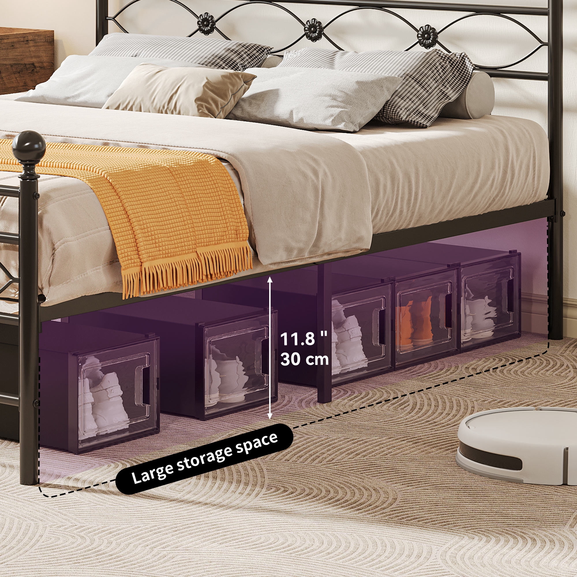 Dextrus Industrial Full Size Platform Metal Bed Frame with Headboard & Soundproof Cotton, No Box Spring Needed
