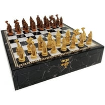 Antique White  Brown Norse Viking Chess Set 17" Black Faux Marble Storage Board