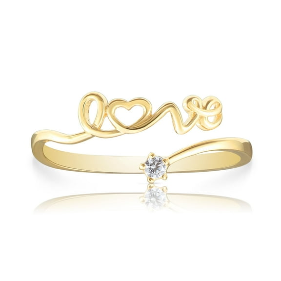 Tilo Jewelry 14K Yellow Gold Dainty LOVE Ring with Solitaire Cubic Zirconia CZ Stone | Size 5 | Women & Unisex