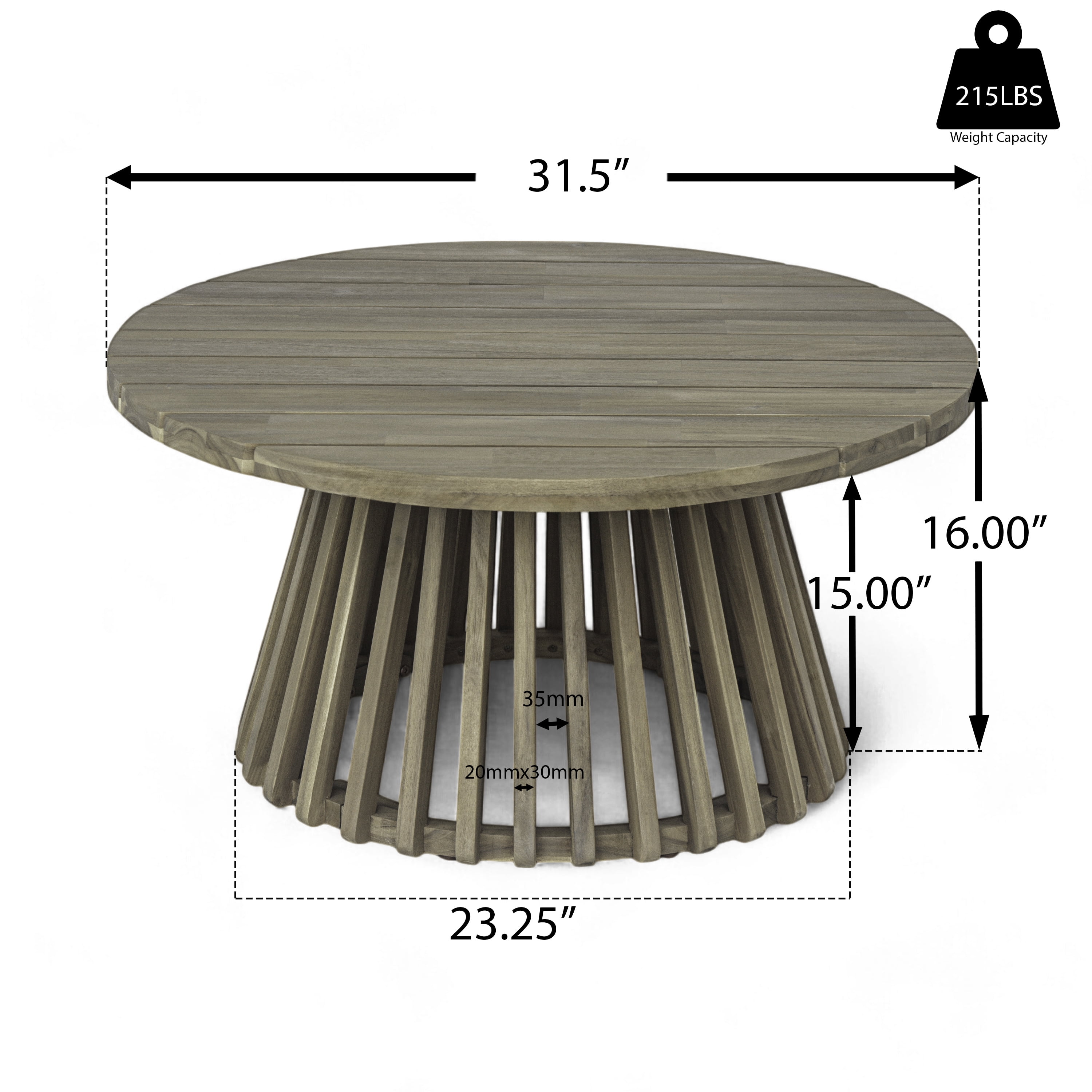 Round Coffee Table, Outdoor Acacia Wood Table for Backyard Lawn Balcony, Grey