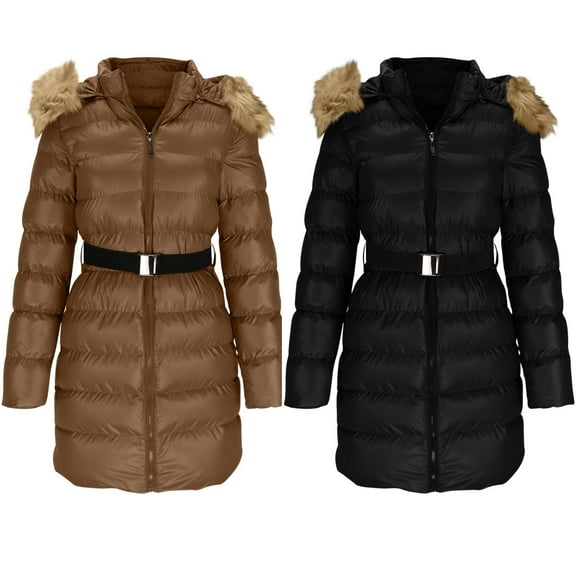 Jinhomg Long Winter Outerwear for Women Thermal Cozy Mid Length Faux Fur Trim Hooded Puffer Coat Slim Fit Long Sleeve Zip Up Down Jacket with Belt Black XL