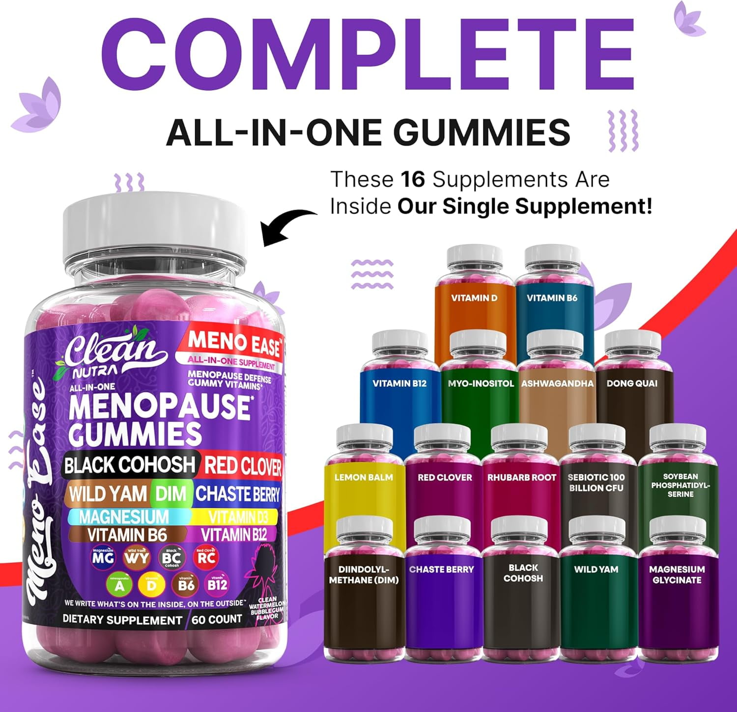 Clean Nutra Menopause Supplements for Women Chastberry Wild Yam Gummies Inositol Black Cohosh Magnesium Red Clover DIM Supplement B6 Magnesium Glycinate Glycine Vitex Hormone Balance Gummy Vitamins