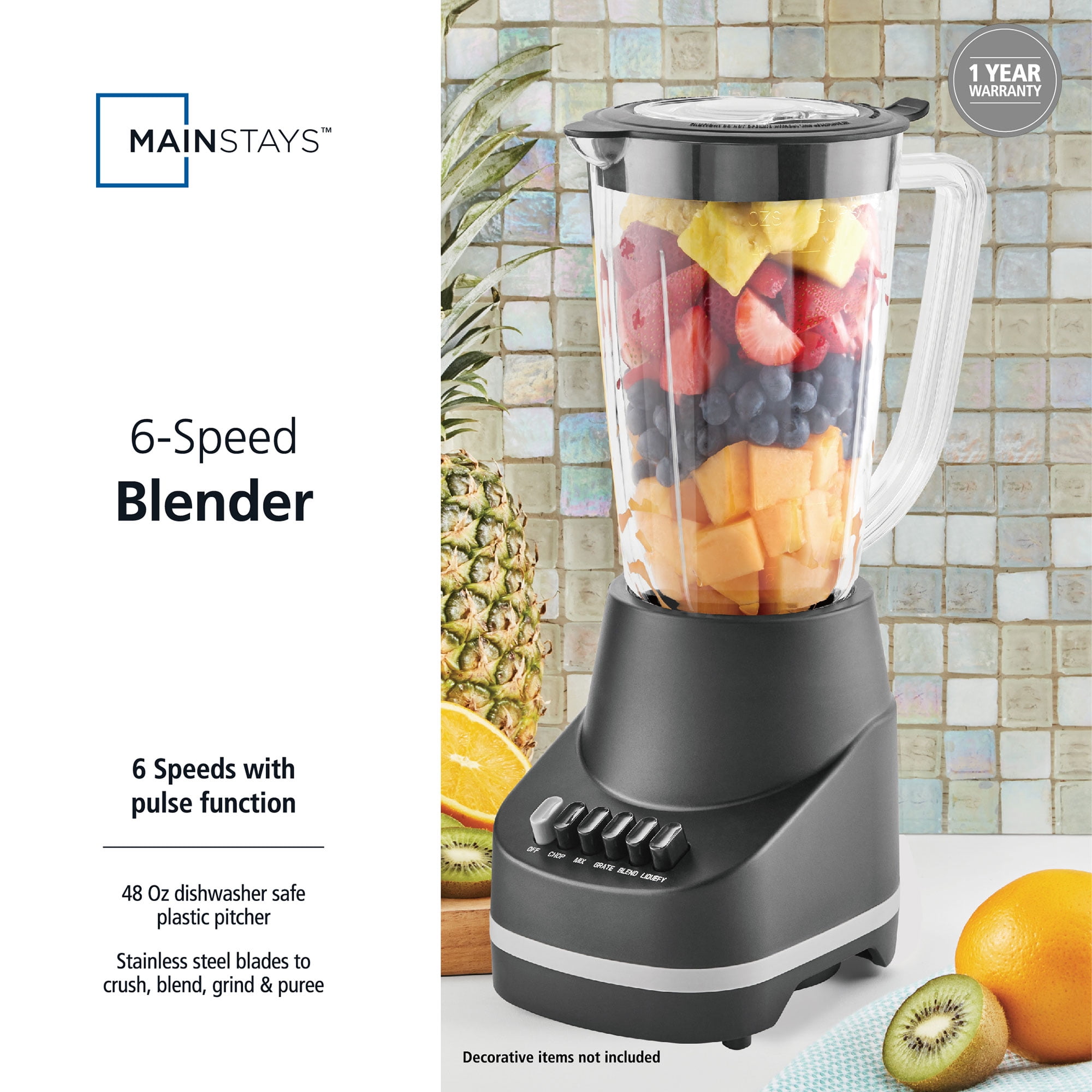 Mainstays 500 W 6-Speed Blender With 48 oz/1.5 L Jar , Black