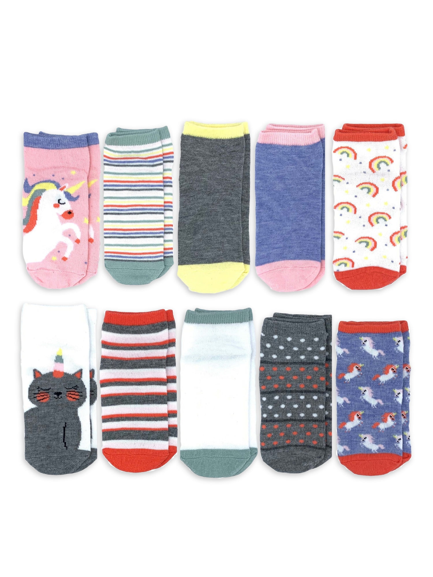 Wonder Nation Girls Unicorn No-Show Socks, 10-Pack, Sizes S-L