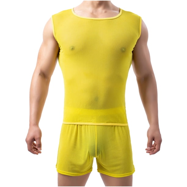 Hombres Casual Cuello Redondo Manga Corta Cuello Redondo Jersey Ropa Interior Perspectiva Transpirable Sin Mangas Hombro Ancho Chaleco Pompotops oipoqjl30596