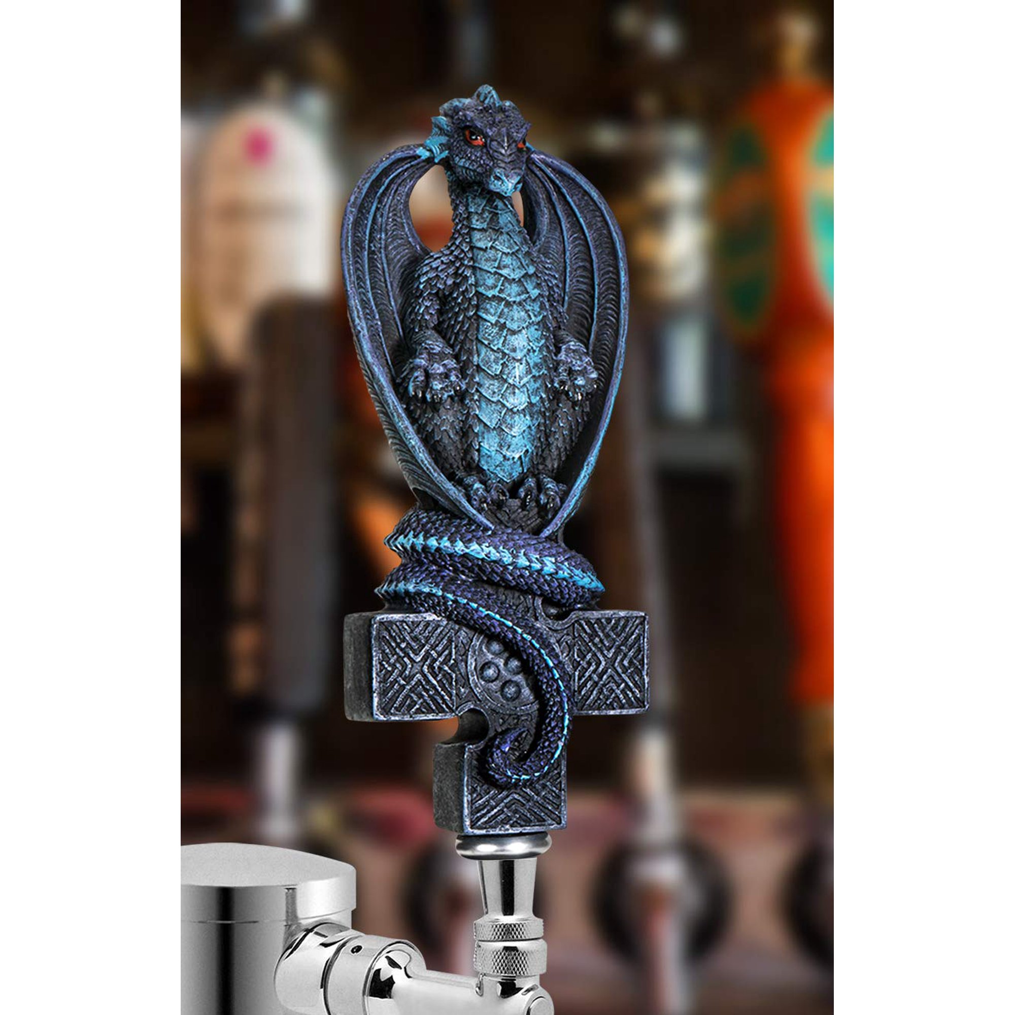 SUMMIT COLLECTION Fantasy Dragon On Celtic Cross Beer Tap Handle Display Grey Stone Sculptural Decor for Homebrew Kegerators Man Cave Bars Cool Beer Gift