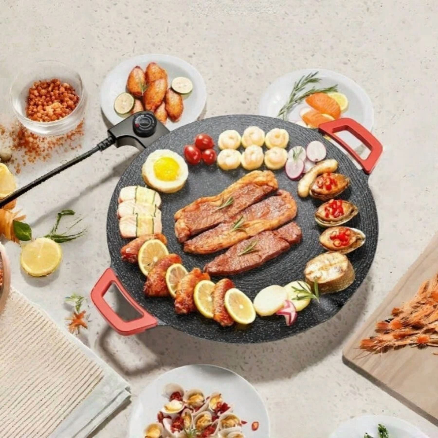Home Multifunctional Medical Stone Non-Stick Electric Grill Pan, Red Handle, Five-Speed Temperature Control, Fast Heating And Easy-To-Clean Korean Electric Grill, You Can Grill Delicious Barbecue At