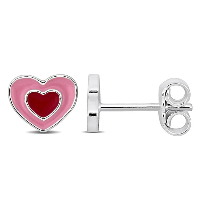 Miabella Pink Enamel Heart Stud Earrings in Sterling Silver
