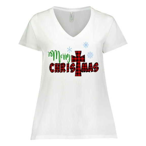 Inktastic Merry Christmas Buffalo Plaid Cross with Snowflakes Women's Plus Size V-Neck T-Shirt
