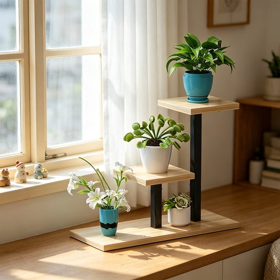 Gumesh Plant Stand Indoor 3 Tier, Wood Plant Shelf Corner Display Rack,14 Inch Tall Multiple Planter Pot Holder, Space-Saving Flower Stand for Living Room Balcony Garden Patio(Yellow)