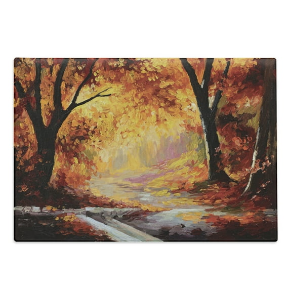 Country Cutting Board, Paint of a Forest with Autumn Color Leaves Fall Time Sadness Season Theme Art, Decorative Tempered Glass Cutting and Serving Board, Large Size, Orange Brown, by Ambesonne