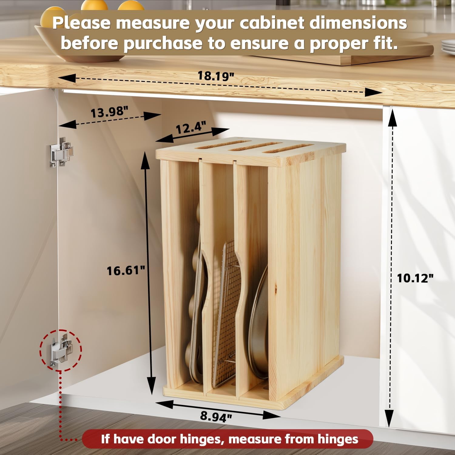 4 Tier Wooden Cabinet Tray Dividers for Baking Trays, Pans & Cutting Boards - 16.61" Wx12.4 Dx8.94 H Vertical Cookie Sheet Organizer, Spoon Rest, Utensil Holder, Kitchen for Pots Pans Storage