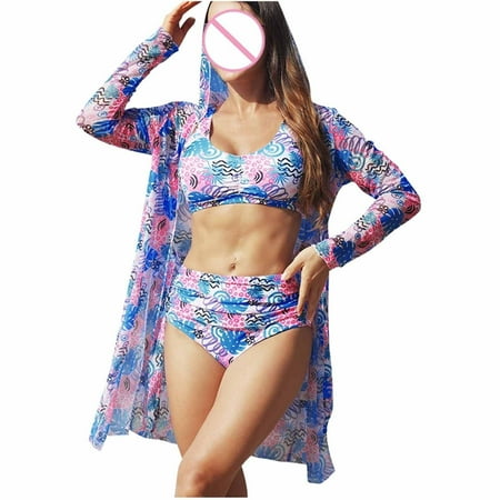 Wyobmus Women s 3 Piece Swimsuit Sets High Waisted Bikini Set With Shorts Bathing Suit With Summer Beach Sunscreen Cover Up Containing Chest Pad A-Hot Pink