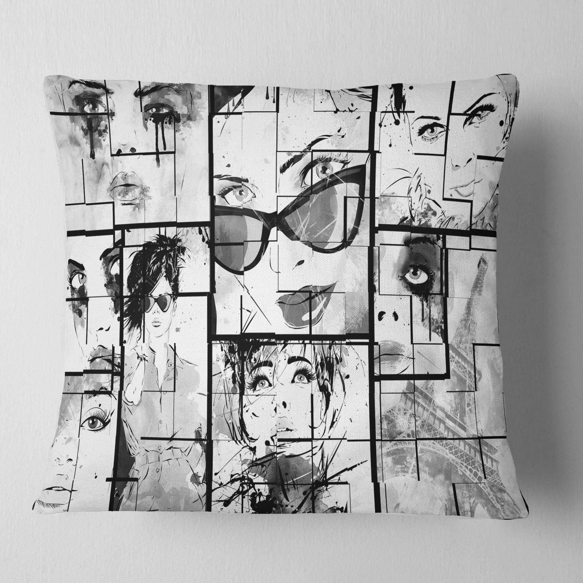 Designart Many Girl Faces Collage - Abstract Portrait Throw Pillow - 18x18