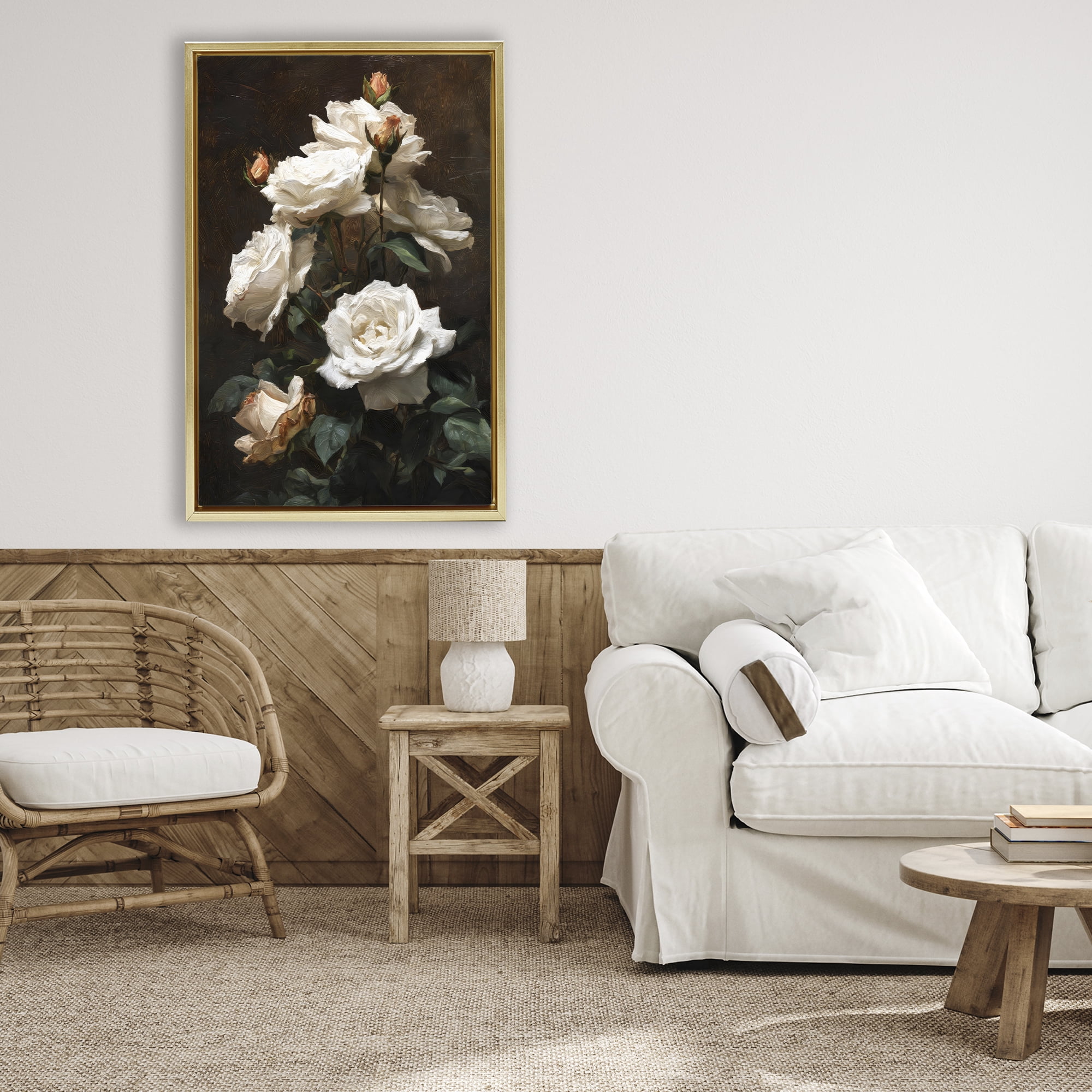 Stupell Industries Tower of White Roses Gold Framed Floater Canvas Wall Art, design by Petal Prints Design