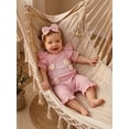 thumbnail image 4 of BemeyourBBs Newborn Baby Girls Little Sister Outfit Waffle Knit Ruffle Romper Little Sis Letter Embroidery 3D Floral Short Sleeve Infant Bodysuit Jumpsuit Headband Cute Baby Girl Summer Clothes, 4 of 9
