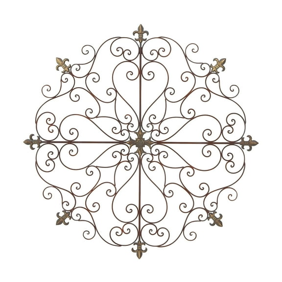 DecMode Brown Metal Scrolled Medallion Fleur De Lis Wall Decor