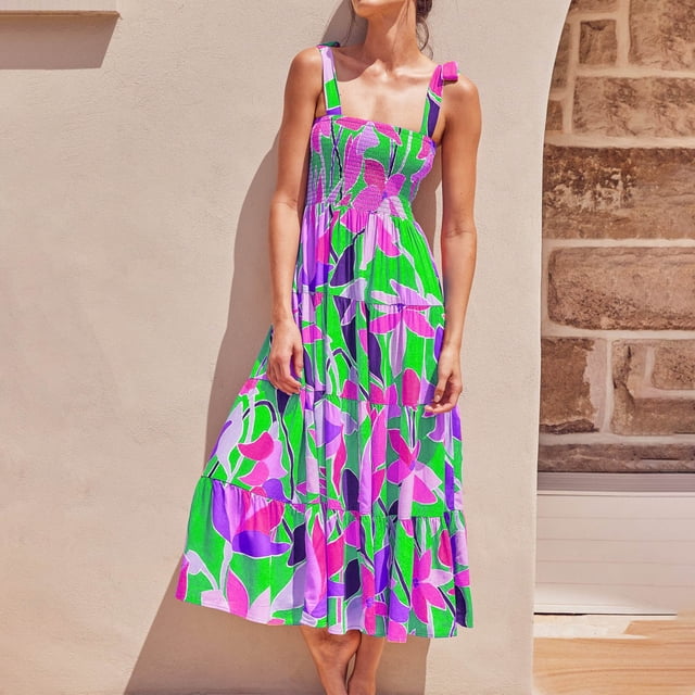 SMihono Robe Maxi Bohème d'Été pour Femmes Grande Taille Mode Femmes Décontractée à Col en V Imprimée Sans Manches Mi-Longue Robe Taille Plage Évasée Robe d'Été
