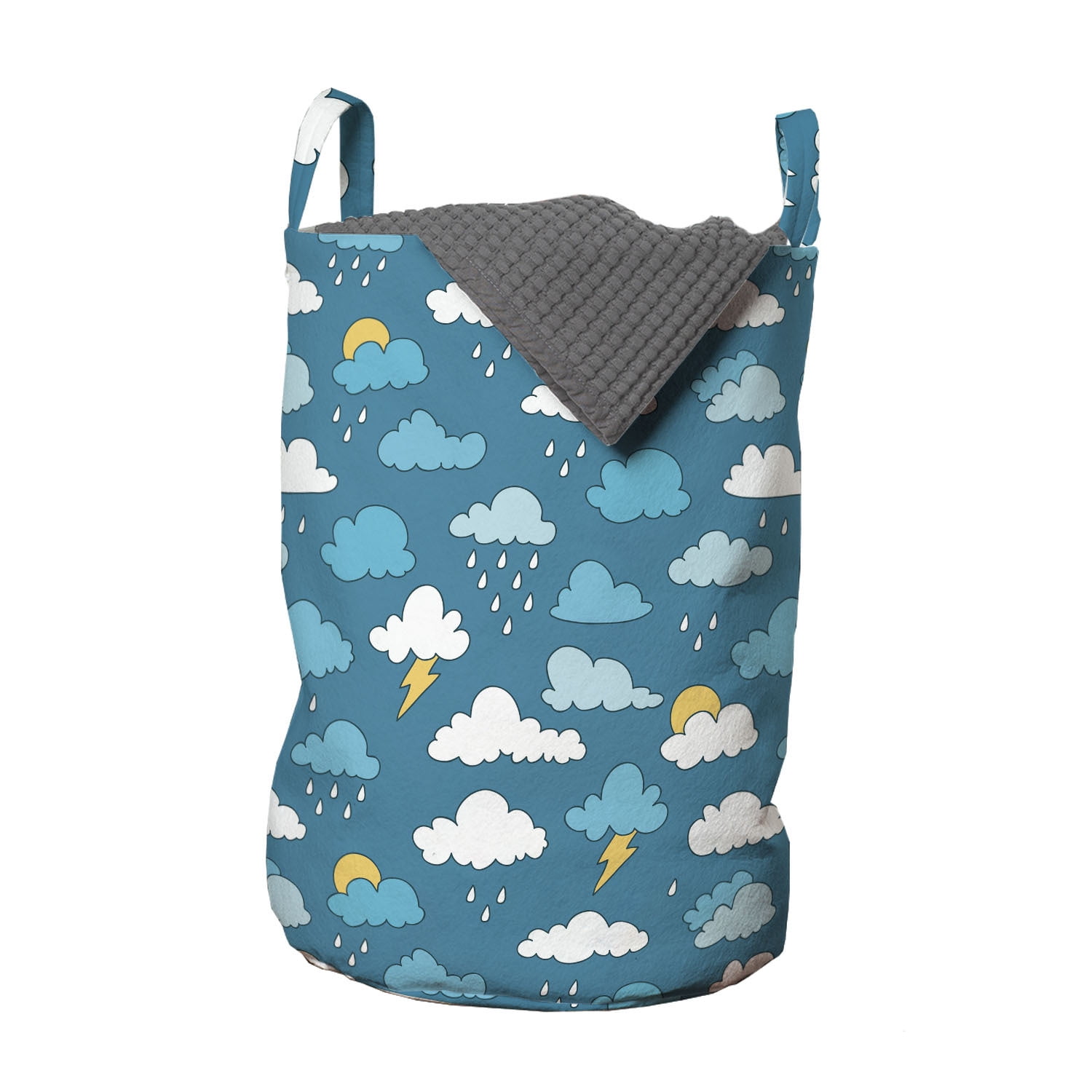 Cartoon Laundry Bag, Raindrops Clouds with Sun Stormy Weather Thunder