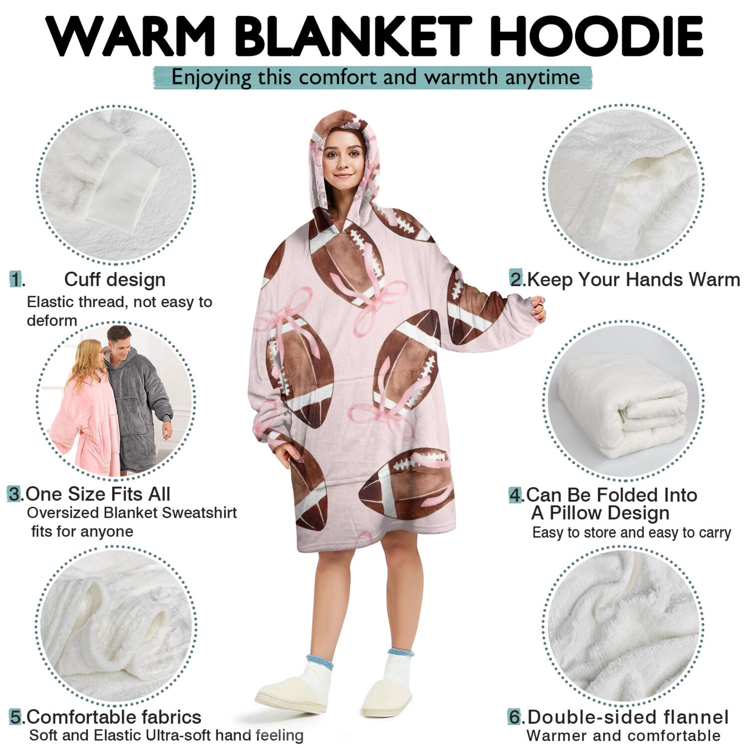 Pink Footballs with Bows Pattern Wearable Oversized Blanket,Wearable Blanket Hoodie for Adults,Cozy Hooded Blankets with Super Pockets,Super Warm Fuzzy Pullover for Women & Men