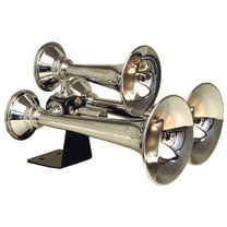 Kleinn Air Horns 501 ABS Triple Air Horn; 3 Chrome Plated Copper Trumpets; 16 in./14 in./11 in. L; Vortex 4 12V Elect. Solenoid; 152.2 dB Max. Output;