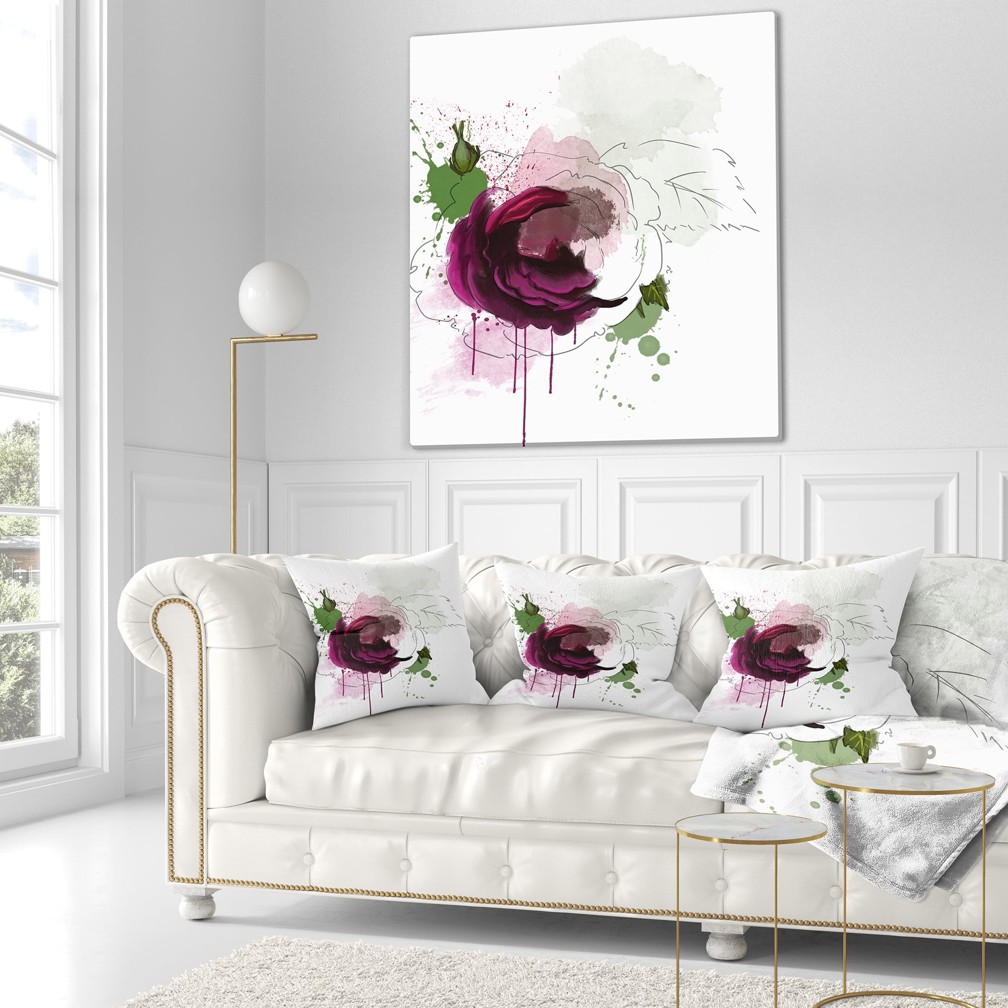 Designart Purple Rose Sketch Watercolor - Floral Throw Pillow - 16x16