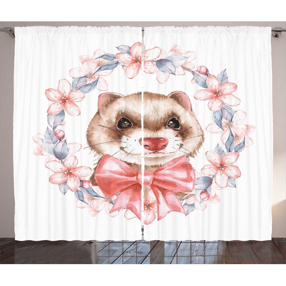 Ambesonne Ferret Curtains 2 Panel Set, Portrait with Ribbon Wreath, 108" x 63", Multicolor