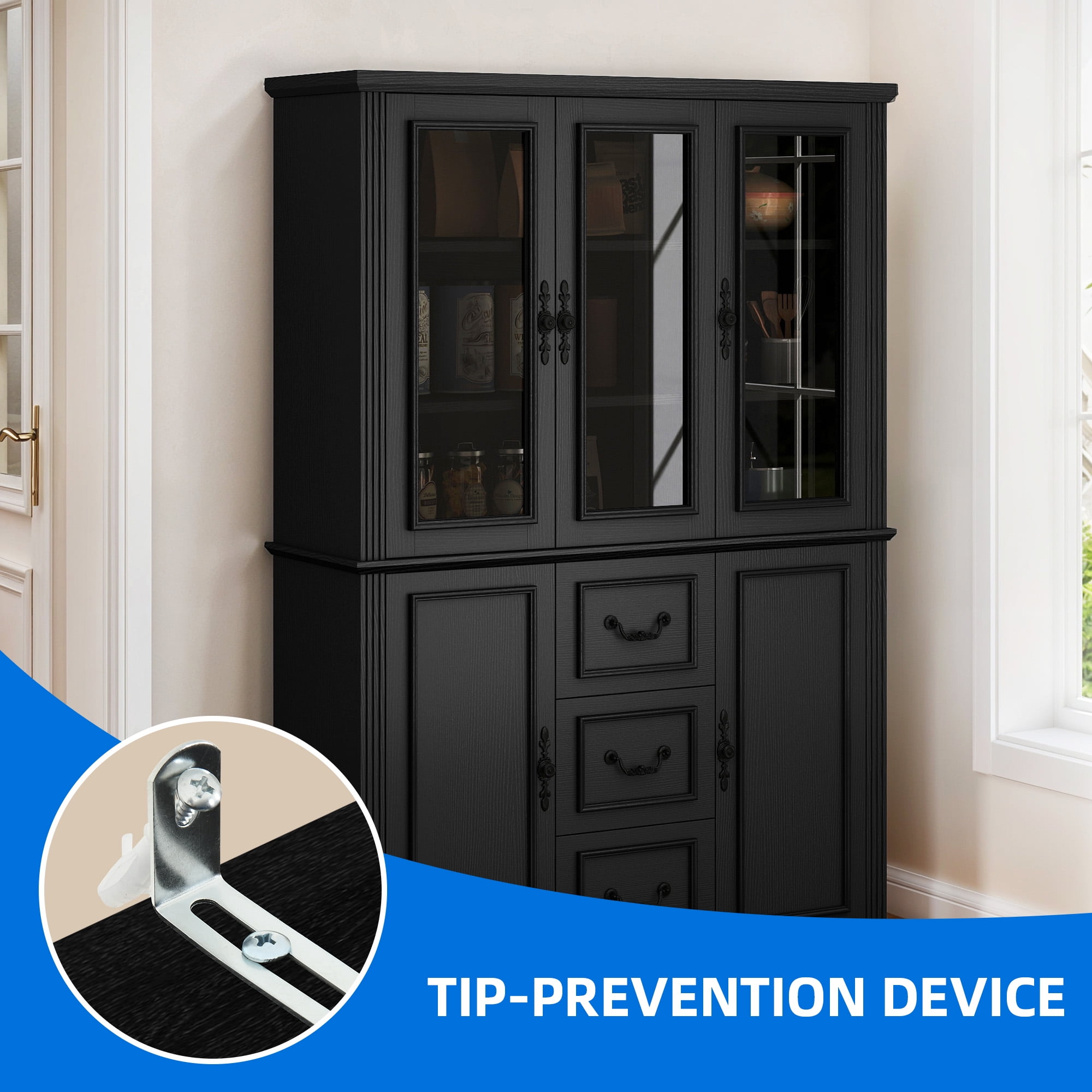 Dextrus 70" Tall Pantry Cabinet with Glass Doors, Modern Farmhouse Kitchen Pantry Storage Cabinet with Drawer, Black